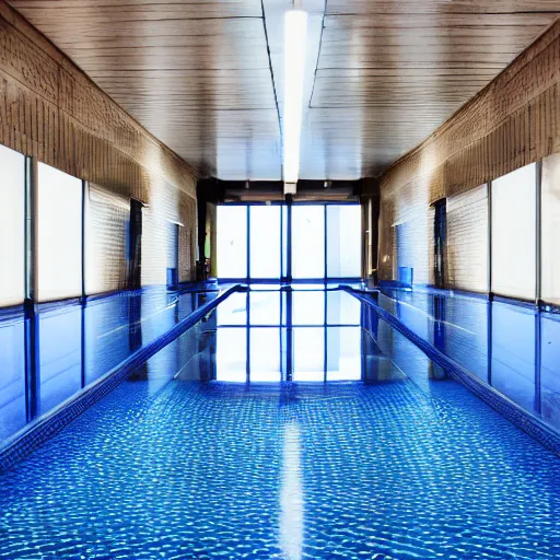 Prompt: Endless corridor of pools, lowly lit, professional photo, blue tiles