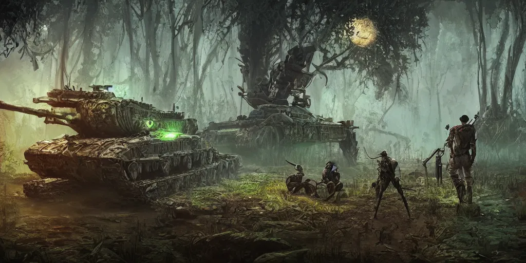 Image similar to guerrillas reed - people fighting giant tank in futuristic spiritual mystical post apocalyptic swampy forest drawn by ron gilbert, dim painterly volumetric aquatic lighting, scenic, beautiful, crisp, artstation, highly detailed