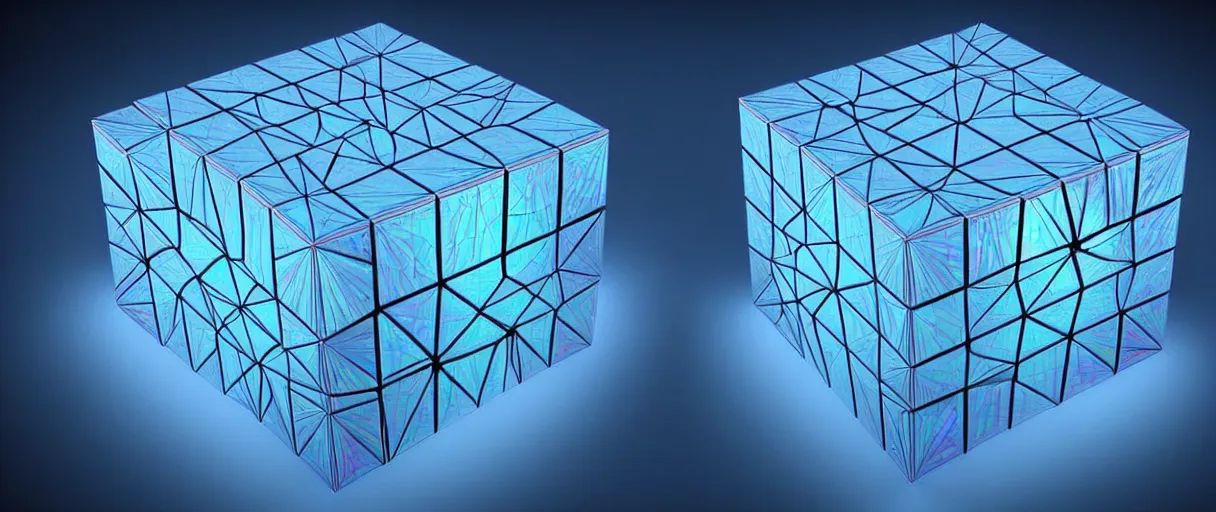 Image similar to hyperrealistic 3d render neo-surreal metatron's cube rotating iridescent escher dali octane moody blue lighting low angle hd 8k sharp shallow depth of field