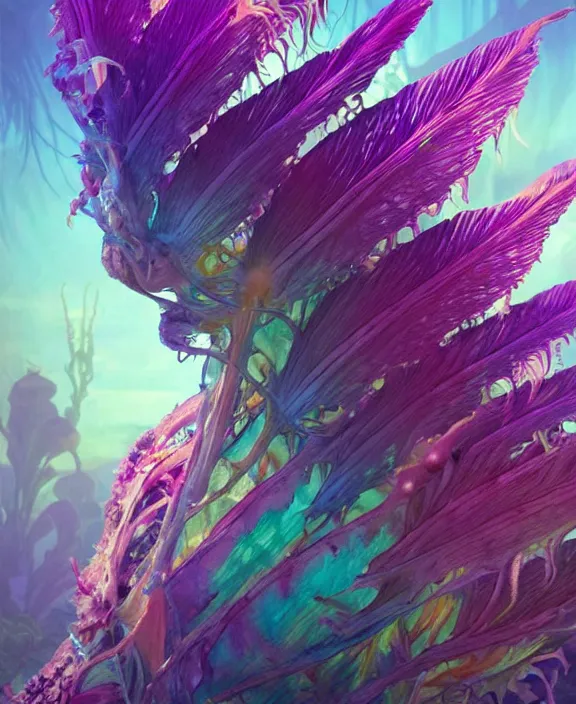 Image similar to filigreed colorful transparent portrait of a terrifying beautiful alien sea creature, fronds, mottled coloring, botany, adorable, childlike, horror environment, ultra realistic, concept art, art nouveau, photorealistic, octane render, 8 k, unreal engine. art by christopher marley and artgerm and greg rutkowski and alphonse mucha