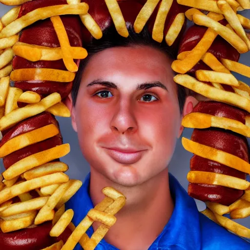 Image similar to a portrait of a person made out of hot dogs, hamburgers, and french fries. surreal. hyper realistic. photography. 4 k. hyper detail. very realistic.