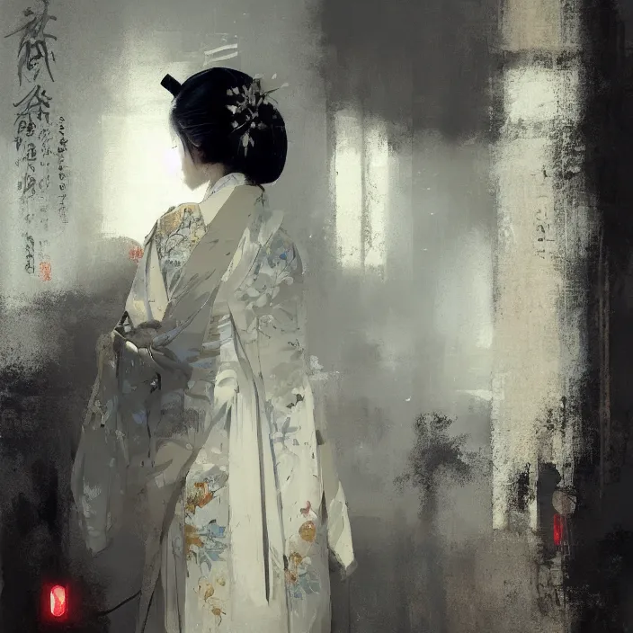 Image similar to female geisha girl, beautiful face, rule of thirds, intricate outfit, spotlight, by greg rutkowski, by jeremy mann, digital painting