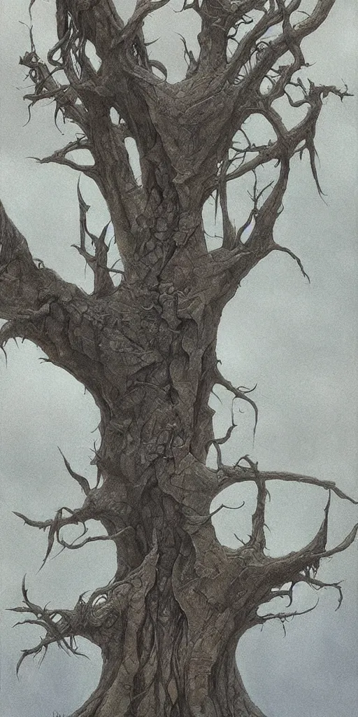 Image similar to artwork by john howe of a grim catalpa