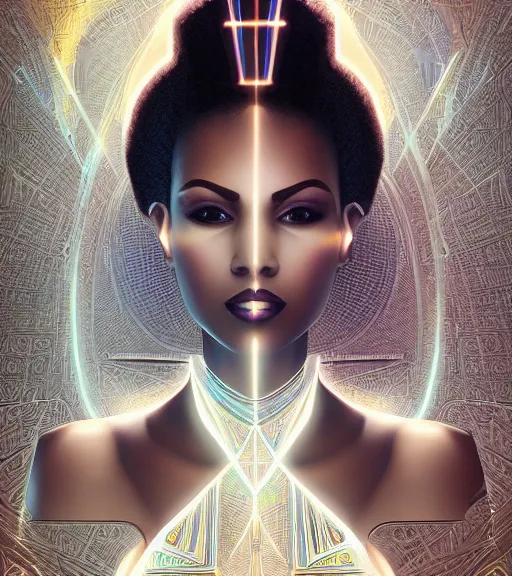 Image similar to symmetry!! egyptian princess of technology, solid cube of light, hard edges, product render retro - futuristic poster scifi, lasers and neon circuits, beautiful brown skin woman egyptian princess, intricate, elegant, highly detailed, digital painting, artstation, concept art, smooth, sharp focus, illustration, dreamlike, art by artgerm