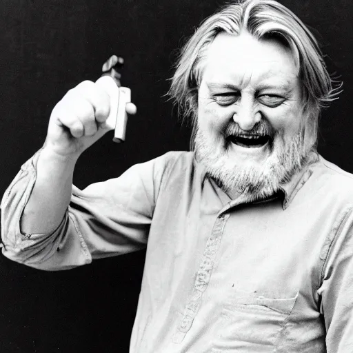 Image similar to robert wyatt laughing maniacally and pointing a gun directly at the camera