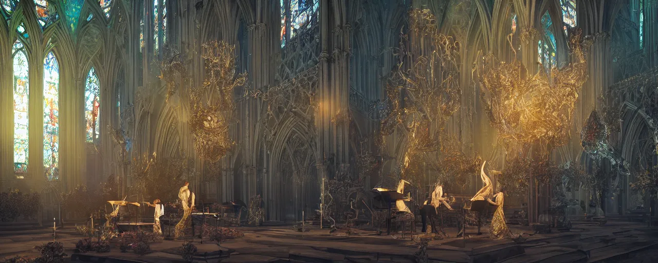 Prompt: a trio of iridescent dragons playing concert on magical instruments in a epic gothic cathedral-of-Dragons, mystical music emanating from their instruments, in the style of Ferdinand Knab, hyper realistic, volumetric lighting, rendered in Octane, trending on CGSociety