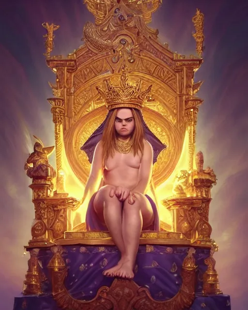 Image similar to cute chubby cara delevingne as a heavenly queen sitting on a golden throne, anatomy, bathed in light, highly detailed, photorealistic, artstation, smooth, sharp focus, illustration, unreal engine 5, 8 k, art by artgerm and greg rutkowski and edgar maxence