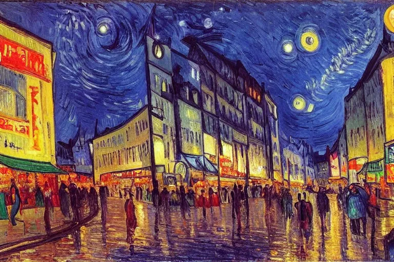 Image similar to dream festival in a city, low angle view from a city street lined with shops and apartments, glowing street signs, revelers playing games and shopping at a night market, oil painting by edvard munch, van gogh