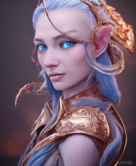 Prompt: a beautiful and highly detailed digital portrait of a dignified elf with long blue hair in rose gold armor by artgerm and lu ji, centered, artsation contest winner, cgsociety, fantasy art, cryengine, concept art, photorealism, daz 3 d, sketchfab, zbrush, vray