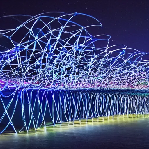 Image similar to vivid, robust by skottie young, by elena paraskeva. a kinetic sculpture of a group of flying islands, each with its own unique landscape, floating in the night sky. the islands are connected by a network of bridges. a small group of people can be seen walking along one of the bridges.