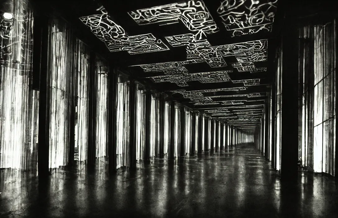 Prompt: implicit link is made between implicit link is made between intact flawless ambrotype from 4 k criterion collection remastered cinematography gory horror film, ominous lighting, evil theme wow photo realistic postprocessing pillars of light surveillance footage pieter s aenredam building by frank lloyd wright