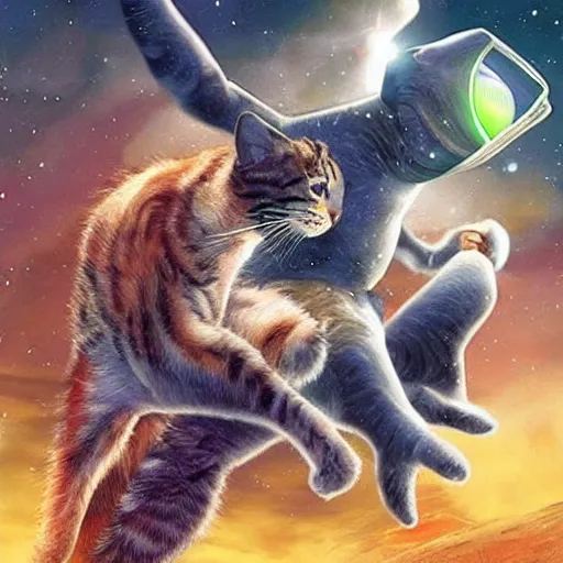 Image similar to realistic space cat fighting aliens