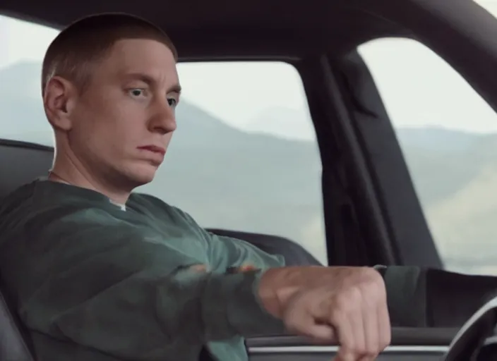 Image similar to a very high resolution image from a new movie, eminem driving a car. inside of a car. alone. mountains, directed by wes anderson