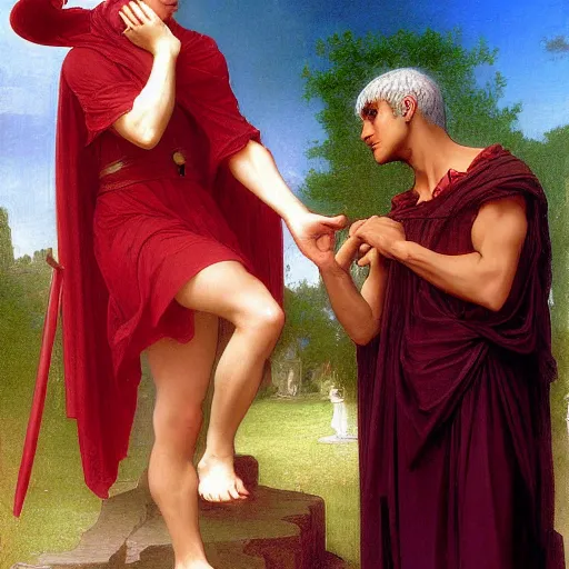 Image similar to Dante and Virgil by William Bouguereau but with guts and griffith from berserk, high quality, 4k