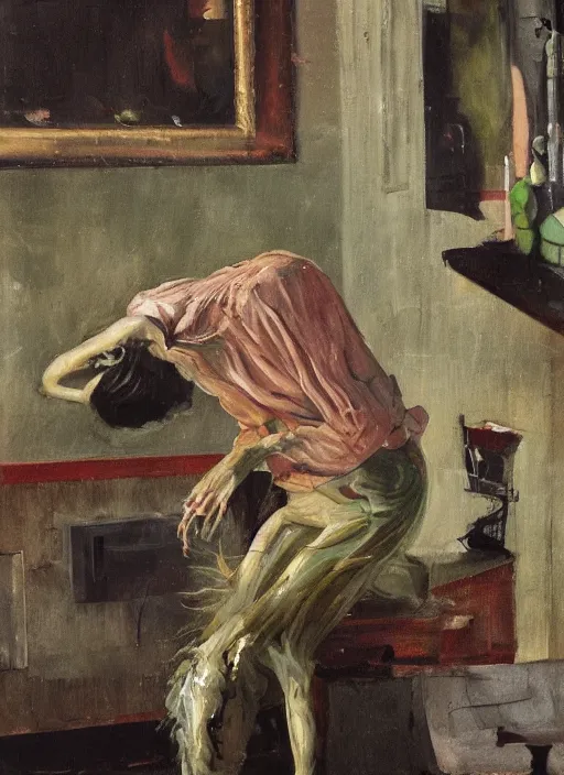 Image similar to an insane, skinny artist wearing torn overalls, expressively twisted body, fighting with a large ghost, depth of field, hauntingly surreal, highly detailed oil painting, by francis bacon, edward hopper, adrian ghenie, glenn brown, soft light 4 k, pink and green colour palette, cinematic composition, cinematic lighting, high quality octane render