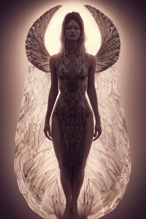 Image similar to a realistic moody photo of a beautiful ancient alien woman goddess kate moss nymph angel standing in iris van herpen dress jewelery and fractals in style of alphonse mucha art nuvo dmt trending on artstation made in unreal engine 4