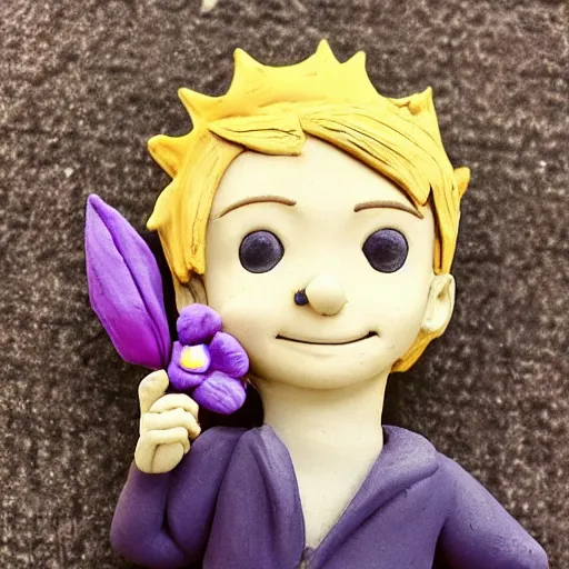 Prompt: the little prince smiling with a purple flower on his hand. made of clay