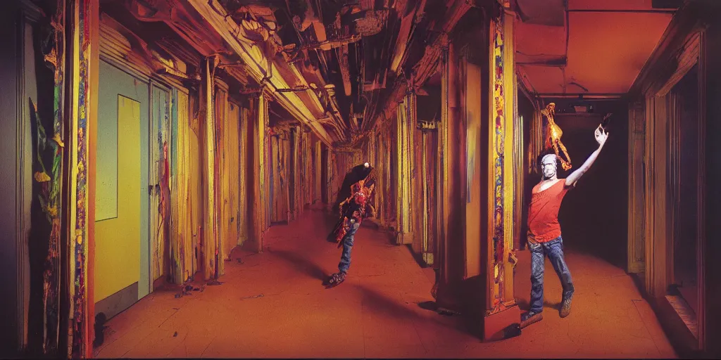 Image similar to award winning photo of JOHN ZORN DMT TRIP ENTERING A BUILDING, vivid colors, happy, symmetrical face, beautiful eyes, studio lighting, wide shot art by Sally Mann & Arnold Newman