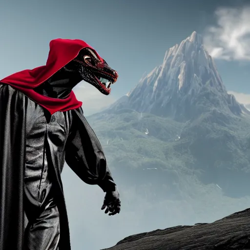 Image similar to a realistic full body of Konnor, a dragonblood, a black hood with black robes, extremely realistic and detailed, standing in front of a mountain