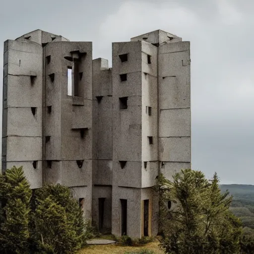 Image similar to scifi brutalist castle standing on a hill, tall castle with wild geometric towers, photography