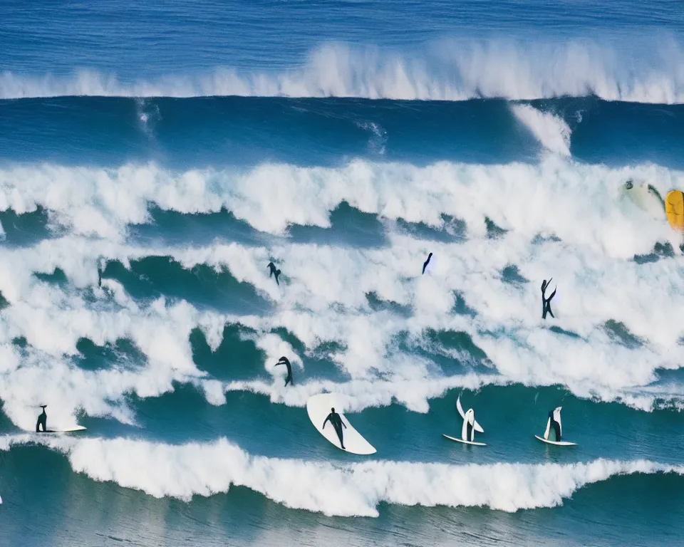 Image similar to worshippers in white robes belonging to the cult of the surfers, surfing in waves, standing on surfboards, surfing in the face of a tsunami, high detailed colors, bright deep blue