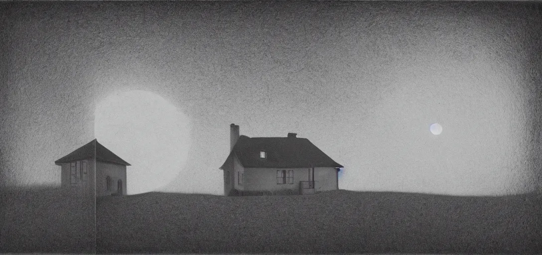 Prompt: minimalistic house in the wood, big moon, boy, artwork by Rene Magritte, night, pinhole analogue photo quality, monochrome, blur, unfocus, cinematic, 35mm