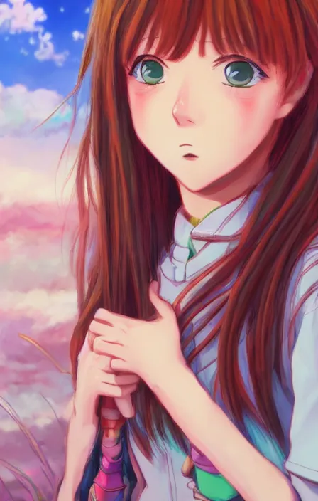 Image similar to a colorful scene of a girl with brown hair, anime, detailed background, female, trending on artstation, by studio ghibli, jazza