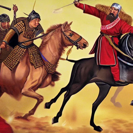 Image similar to genghis khan chasing obama, 4 k, photograph, realistic, detailed