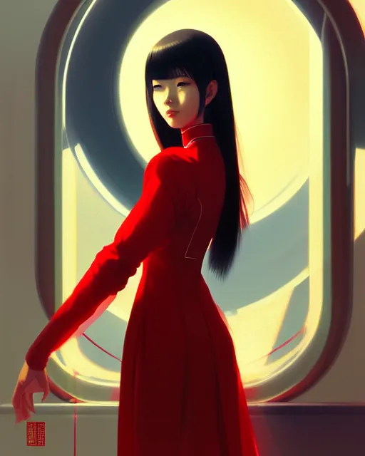 Prompt: a ultradetailed beautiful panting of a asian female wearing red ao dai and futuristic eye google, by ilya kuvshinov, greg rutkowski and makoto shinkai, trending on artstation