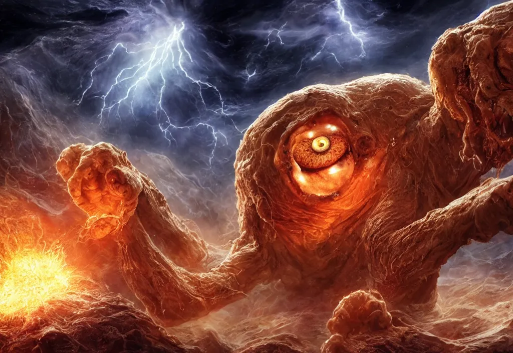 Image similar to eldritch horror bloody garfield in space, hd, 8 k, giant, epic, realistic photo, unreal engine, prophecy, powerful, cinematic lighting, destroyed planet, debris, violent, sinister, ray tracing, dynamic, epic composition, dark, horrific, teeth, grotesque, monochrome drawing, hellscape, corpses, foreboding, lightning, garfield cartoon eyes