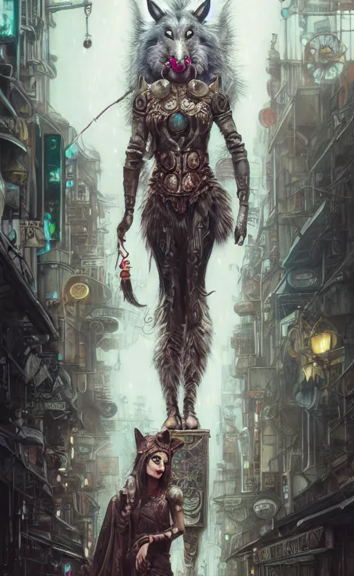 Image similar to hyper realistic Princess Mononoke, ornate mask magic, wet market street, cyberpunk metropolis, city landscape, jewels, full body pose, full moon, wolf by her side, style of tom bagshaw, mucha, james gurney, norman rockwell, denoised, sharp