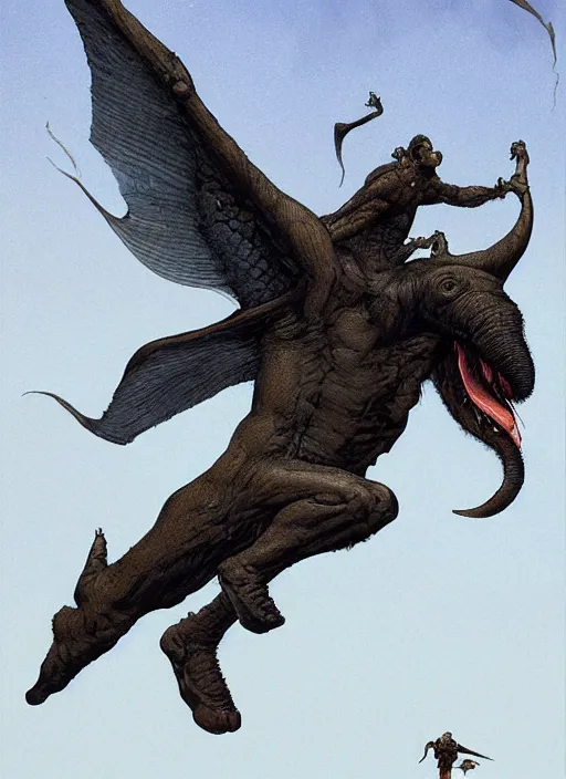 Prompt: flying humanoid fly with very long proboscis, against dark background, fluid, smooth, organic, crazy, high contrast, sharpness, dramatic, by greg rutkowski and siudmak and richard corben and moebius