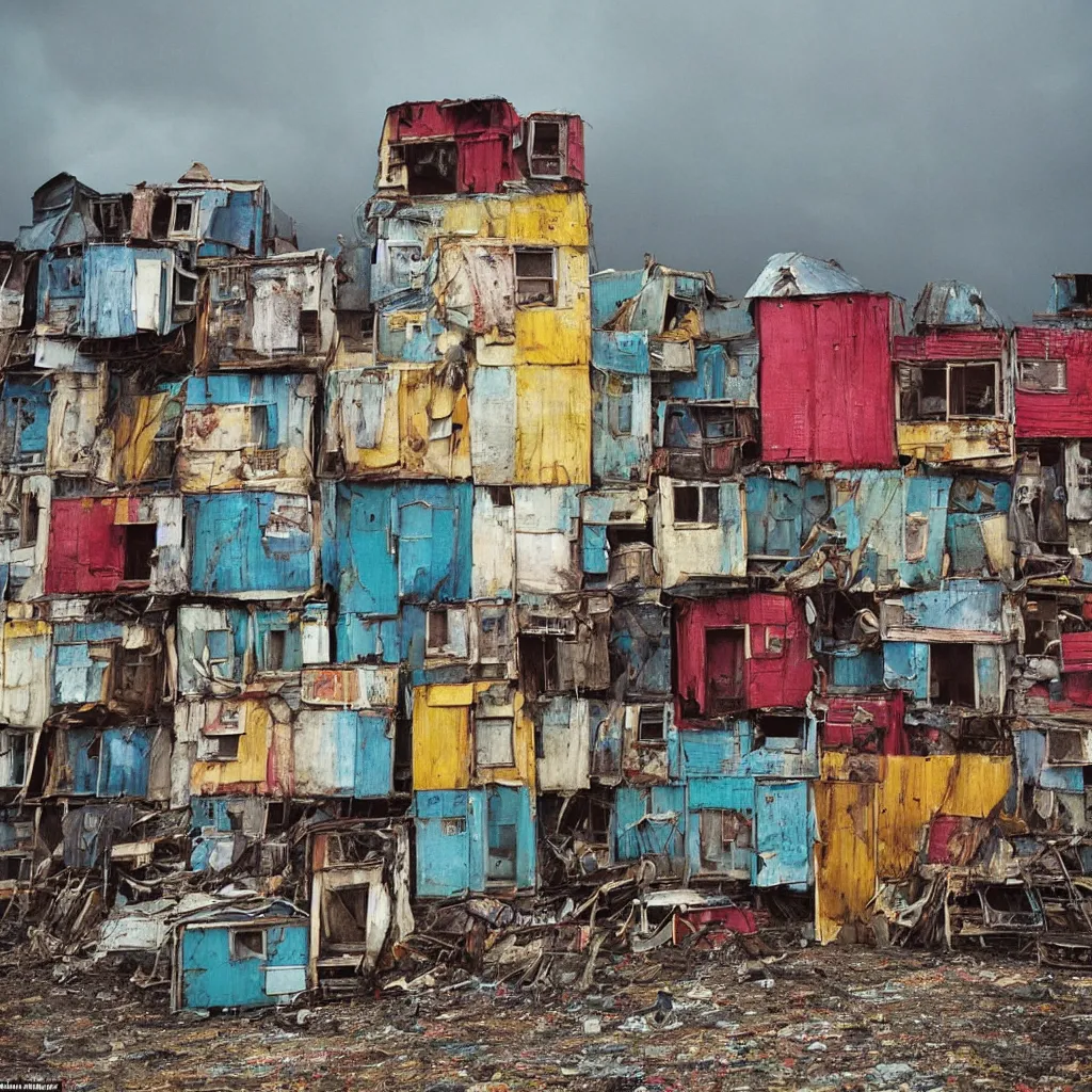 Prompt: close - up view of a tower made up of colourful makeshift squatter shacks with bleached colours, moody cloudy sky, dystopia, mamiya, very detailed, photographed by bruno barbey