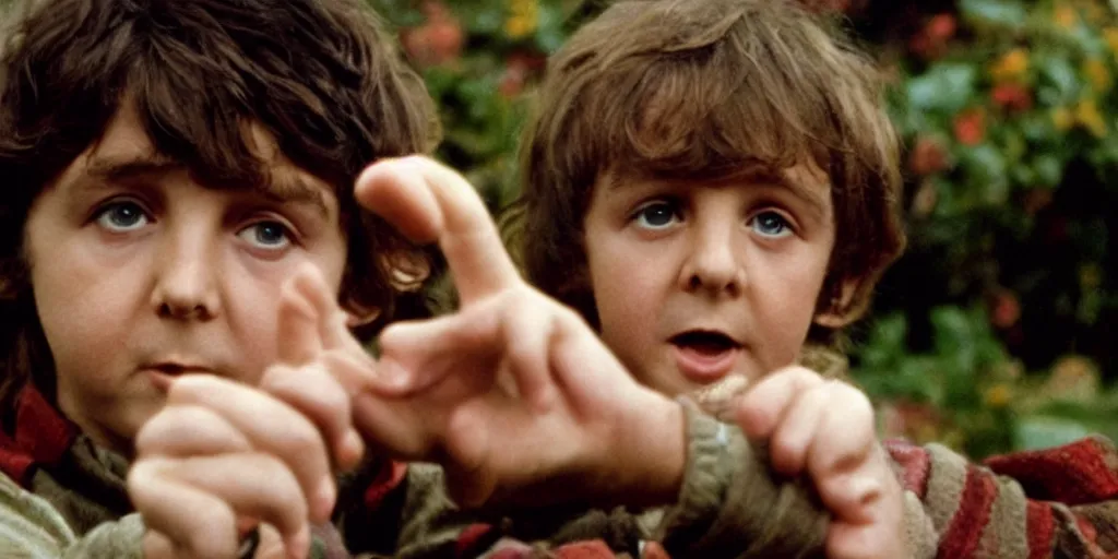 Image similar to A full color still of young Paul McCartney looking at his palm, dressed as a hobbit inside his house, directed by Stanley Kubrick, 35mm, 1970