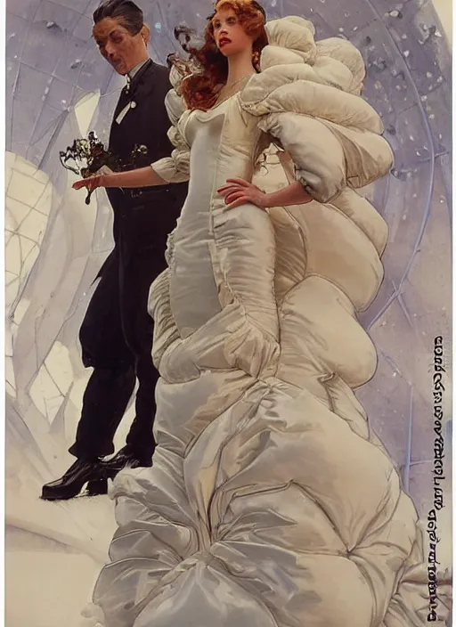 Prompt: a copic maker art nouveau portrait of a real russian model girl detailed features wearing a puffy futuristic weeding dress and a latex suit designed by balenciaga by john berkey, norman rockwell akihiko yoshida