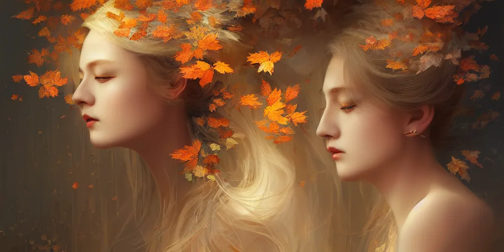 Image similar to breathtaking detailed concept art painting art deco pattern of blonde goddesses faces amalgamation autumn leaves, by hsiao - ron cheng and volegov, bizarre compositions, exquisite detail, extremely moody lighting, 8 k