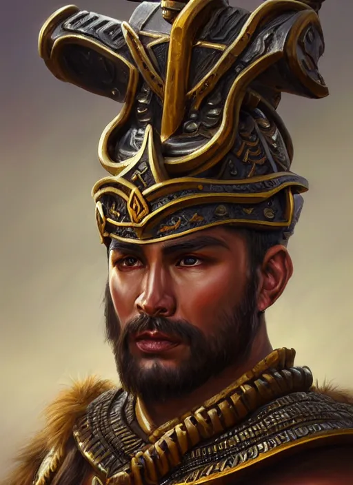 Image similar to smart tai warlord, closeup portrait, beardless, smooth - faced, historical hero, ethnic group, tai costume, bronze headdress, intricate, with leather armor cross on bare chest, elegant, loin cloth, highly detailed, oil painting, artstation, concept art, matte, sharp focus, illustration, hearthstone, art by earl norem