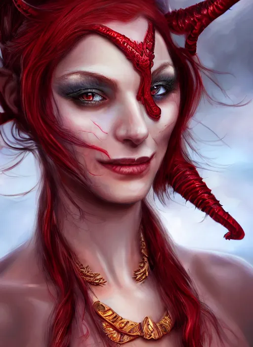 Image similar to red skin, Tiefling , smiling, beautiful detailed eyes, cute, fantasy, intricate, elegant, highly detailed, digital painting, 4k, HDR, concept art, detailed jewelry, smooth, sharp focus, illustration, by Wayne Reynolds