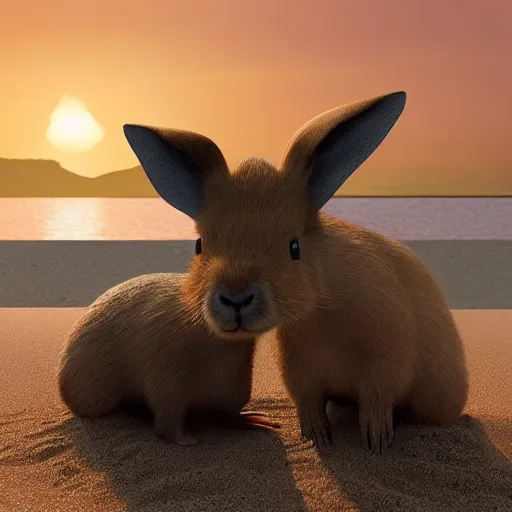 Prompt: “capybara and bunny with black spots on face and nose, on the beach with blue water and white sand, swaying palms, photorealistic render, colorful sunset, unreal engine 5, dynamic lighting, trending on artstation,”