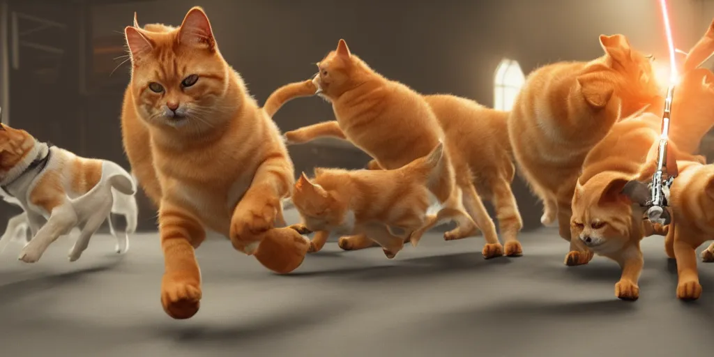 Image similar to Fat orange tabby cat fighting a pack of dogs with a light saber, digital art, octane render, trending on DeviantArt, 8k