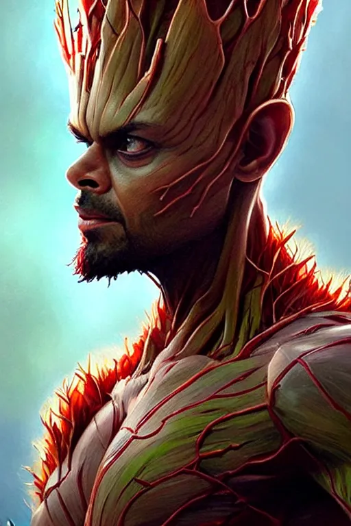 Prompt: Virat Kohli as Groot, Groot costume, Virat Kohli Face, cute, portrait, masculine figure, highly detailed, digital painting, artstation, concept art, smooth, sharp focus, illustration, cinematic lighting, art by artgerm and greg rutkowski and alphonse mucha