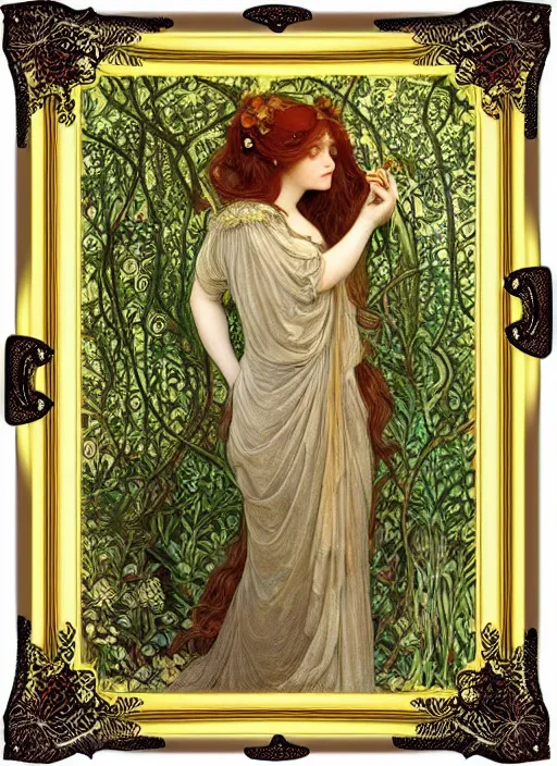 Prompt: masterpiece beautiful seductive flowing curves pose preraphaelite portrait photography, straight bangs, thick body, yellow ochre ornate medieval dress, mushroom forest arch, william morris and kilian eng and mucha, framed, 4 k