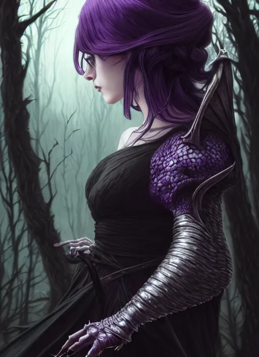 Prompt: side portrait dark witch with eyeglasses, adventurer outfit large cloak, fantasy forest landscape, dragon scales, fantasy magic, undercut hairstyle, short purple black fade hair, dark light night, intricate, elegant, sharp focus, illustration, highly detailed, digital painting, concept art, matte, art by WLOP and Artgerm and Greg Rutkowski and Alphonse Mucha, masterpiece