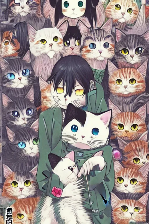 Image similar to a cover of japanese manga about a cute cat find the owner in apocalypse cruel world, high detail, anime cover, illustrated