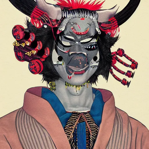 Image similar to a detailed portrait of a fashionable ancient japanese demon oni wearing a cyberpunk bosozoku outfit the style of william blake and norman rockwell, kubrick, muted color scheme, crisp, artstationhd