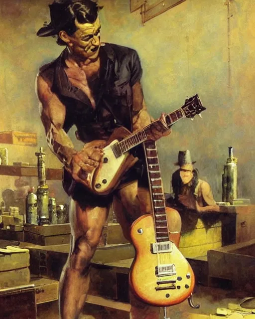 Prompt: muscly grimacing Snake Oil salesman shredding on a Gibson Les Paul in a snake oil warehouse, painting by Frank Frazetta