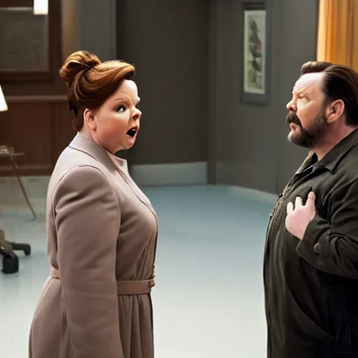 Prompt: movie shot from a sci - fi absurdist comedy with ricky gervais played by melissa mccarthy, dramatic