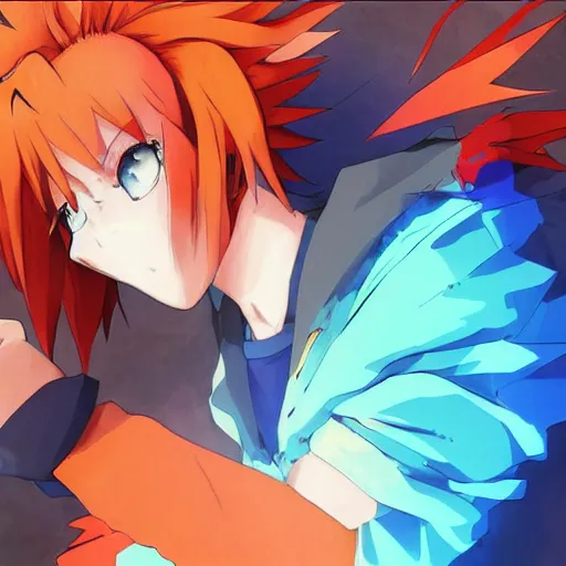 Image similar to orange - haired anime boy, 1 7 - year - old anime boy with wild spiky hair, wearing blue jacket, battle aura, aura, shibuya, blue sunshine, strong lighting, strong shadows, vivid hues, raytracing, sharp details, subsurface scattering, intricate details, hd anime, high - budget anime movie, 2 0 2 1 anime