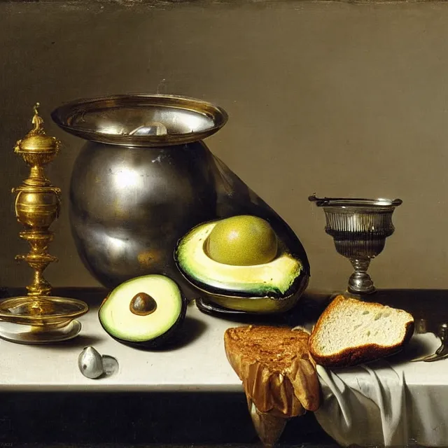 Prompt: still life by willem claesz heda, avocados, bread, linen, a fly, silver dishes, leftovers, overturned chalice, surreal glass goblets,