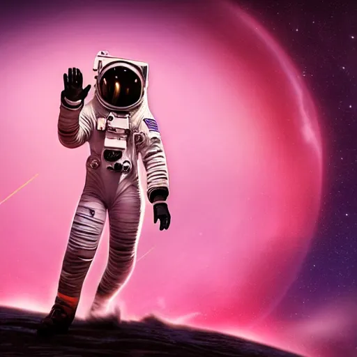 Image similar to A wide-angle shot from below of a female astronaut with an athletic feminine body walking with swagger toward camera on Mars in an infinite universe, synthwave digital art